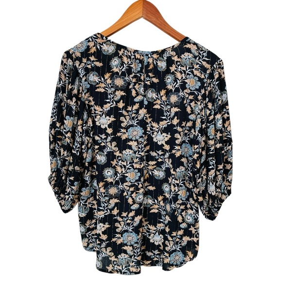 Knox Rose Blue Floral Gold Metallic Stripe Crochet Sleeve Button Front Top Small - Picture 8 of 9